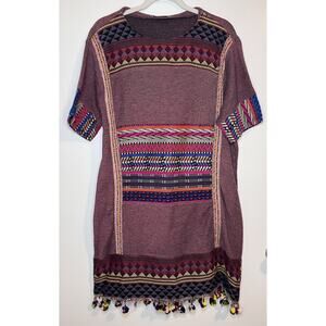 Zara Pink Boho Dress Size L Colorful Geometric Embroidery Puff Ball